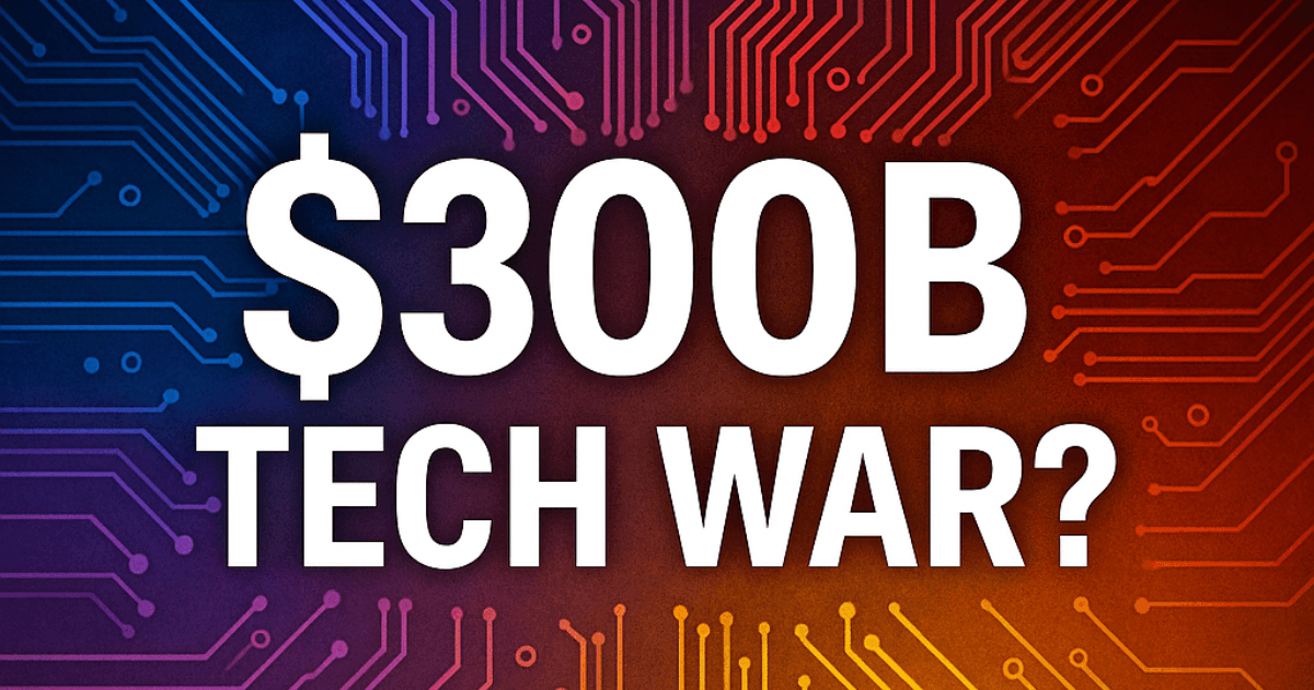 Colorful tech circuit board background with bold '$300B Tech War?' headline representing global AI, chip, and quantum computing competition.