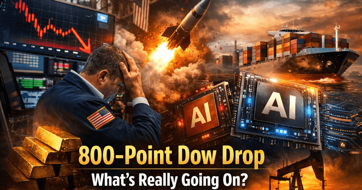 Hyper-realistic image showing a stressed Wall Street trader in front of a plunging Dow Jones chart, AI semiconductor chips, gold bars, oil pumpjacks, and global trade tensions illustrating stock market volatility and tariff uncertainty.