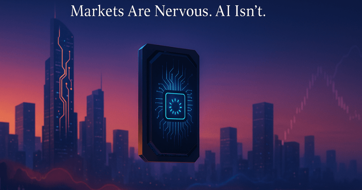Editorial-style image depicting the AI boom and market nervousness with futuristic financial skyline, AI circuitry, and subtle stock market volatility signals.