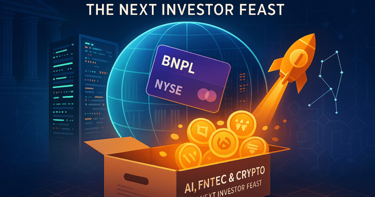 Premium editorial illustration of AI startup funding, Klarna IPO, Worldcoin token surge, Gemini Space Station IPO, and Bitcoin price outlook, symbolising the convergence of AI, fintech, and crypto IPO 2025.