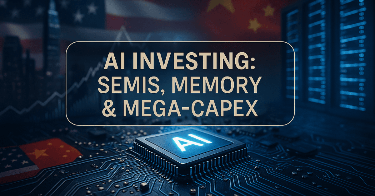 AI chip glowing on a circuit board with U.S.–China flags, skyscrapers, financial graphs, and server racks symbolizing semiconductor policy, AI memory growth, and Meta’s $29B infrastructure financing.
