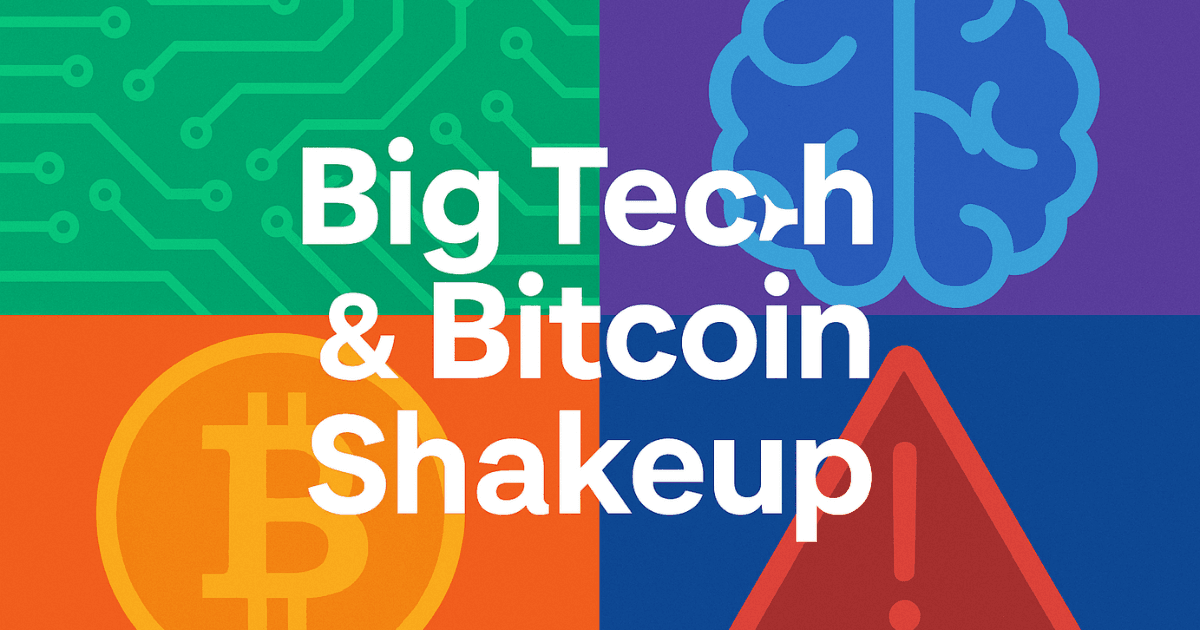 Colorful digital graphic showing Bitcoin, AI, and market signals with the headline "Big Tech & Bitcoin Shakeup"