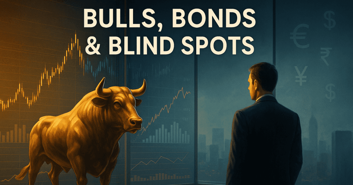 Premium editorial image showing a bull and investor symbolising global market optimism and macroeconomic risk during a financial shift.