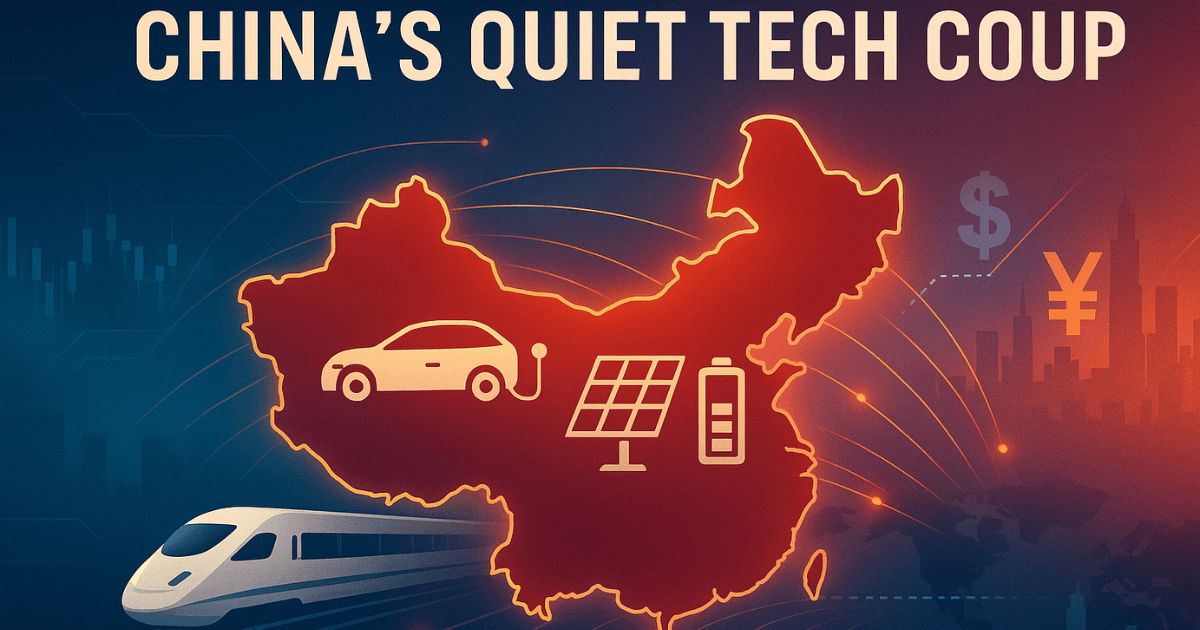 Digital illustration of China highlighting EVs, solar panels, batteries, and high-speed rail, with global financial connections and yuan-dollar divergence, symbolizing China’s rising tech and trade influence