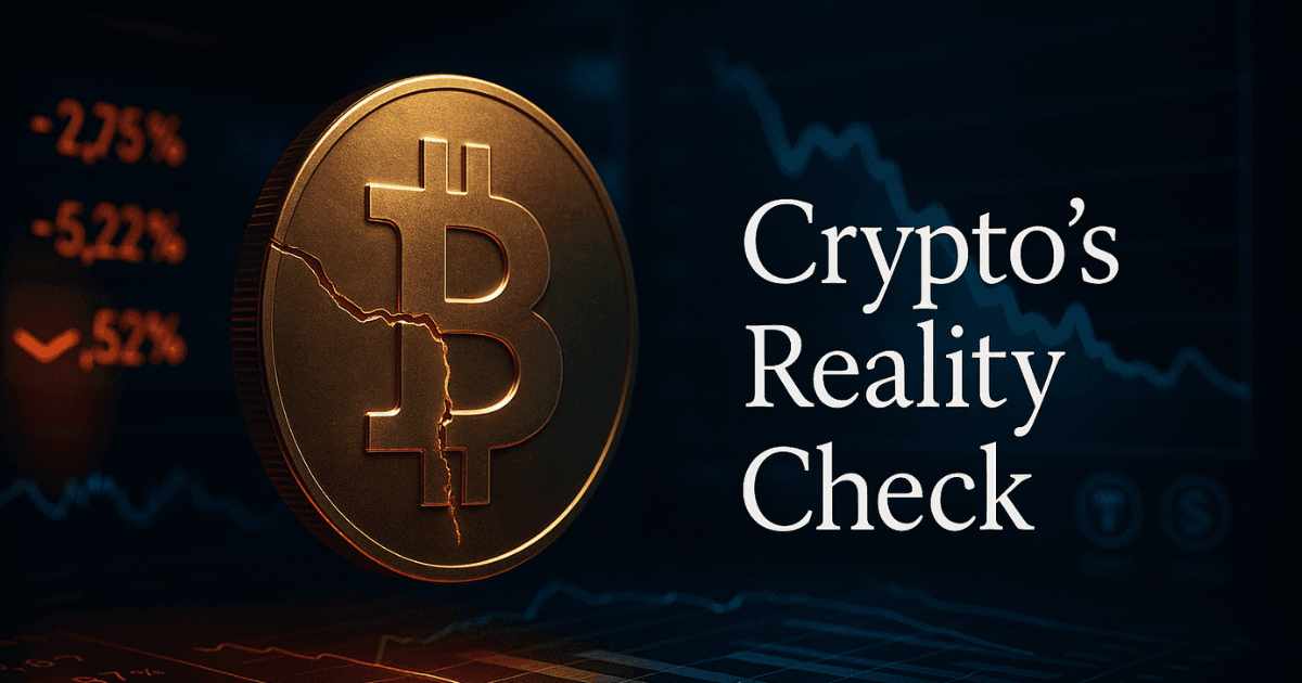 Editorial image showing a cracked Bitcoin symbol with falling market charts, representing a crypto market downturn and liquidity reset.