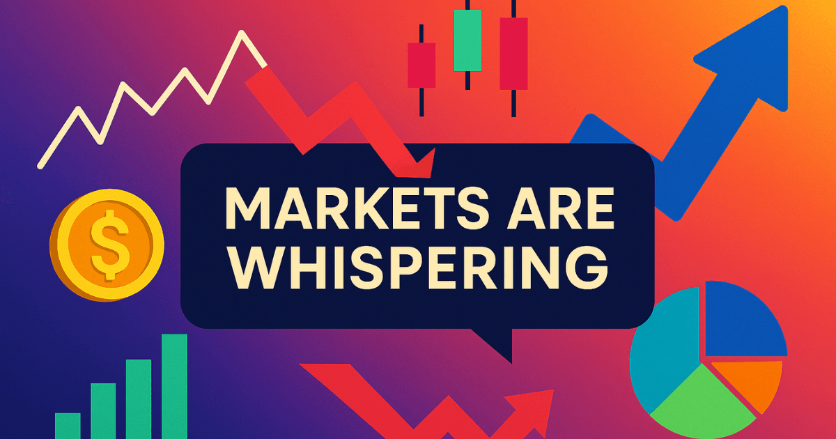 Vibrant digital illustration of stock market movements with charts, dollar icons, and candlesticks over a multicoloured gradient background, featuring the text “Markets Are Whispering.”