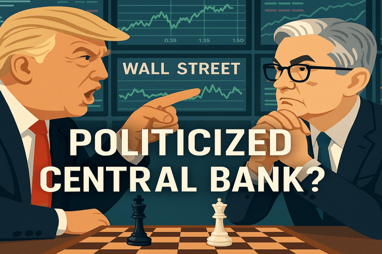 Illustration of Trump and Powell in a trade war face-off over Fed policy and tariff tensions, set against Wall Street data.