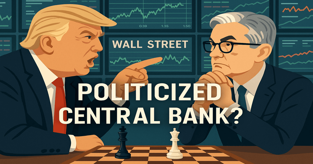 Illustration of Trump and Powell in a trade war face-off over Fed policy and tariff tensions, set against Wall Street data.