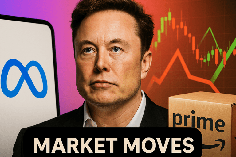 High-resolution image featuring Elon Musk, Meta’s logo, an Amazon Prime box, and financial market charts with a rising arrow, representing major shifts in tech, politics, and e-commerce.