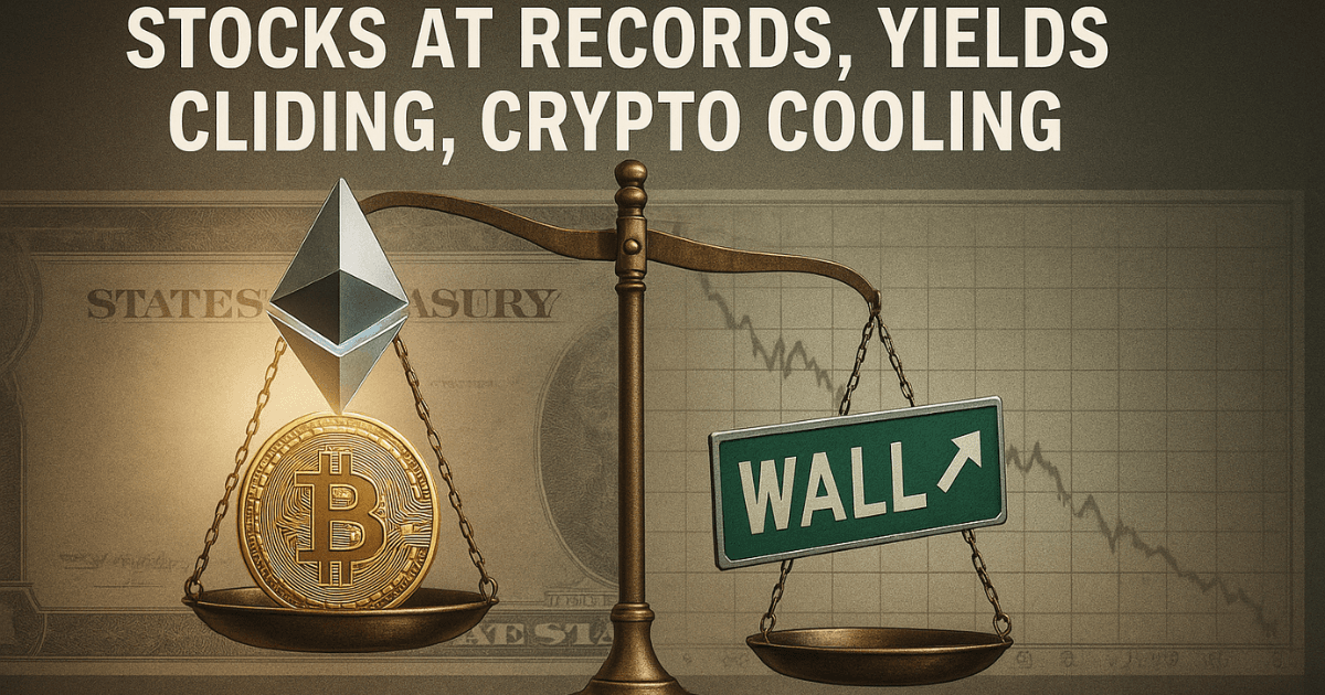 Stocks at record highs, crypto cooling with Bitcoin and Ethereum pullback, Treasury yields drop as Fed policy drives capital flows.