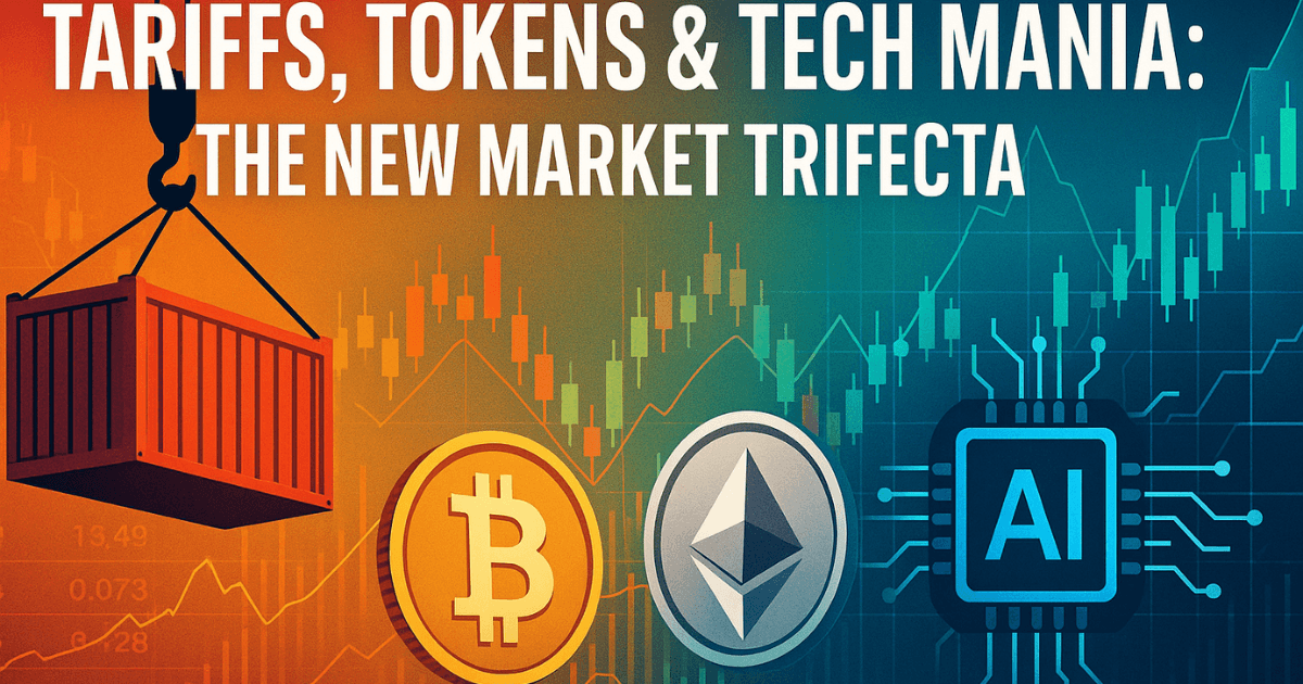 Digital artwork illustrating global trade, cryptocurrency, and AI sectors — featuring a cargo container, Bitcoin and Ethereum icons, and an AI chip against multicolour financial charts symbolising market volatility and investor risk.