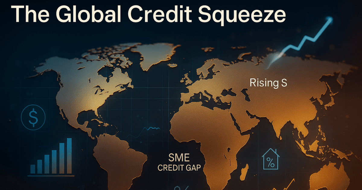 “Hyper-realistic editorial image of global credit markets with world map, financial indicators, sovereign yield curves, SME credit gap holographics, and gold-blue cinematic lighting – 1200×630 featured image.”