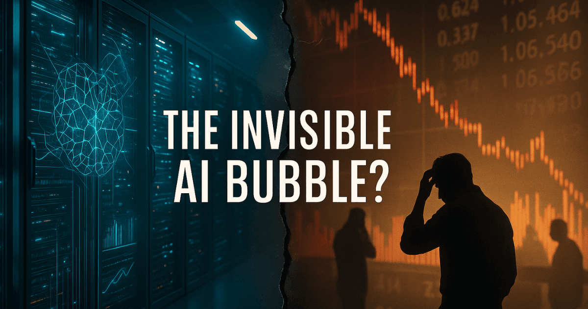 Hyper-realistic split image showing an AI data center on one side and a falling stock market chart on the other, illustrating concerns about a potential AI bubble.