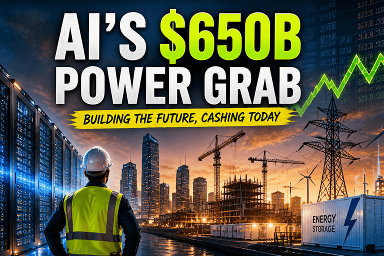 Hyper-realistic AI infrastructure boom showing data centers, energy grid, and construction driven by $650B AI spending and rising global demand