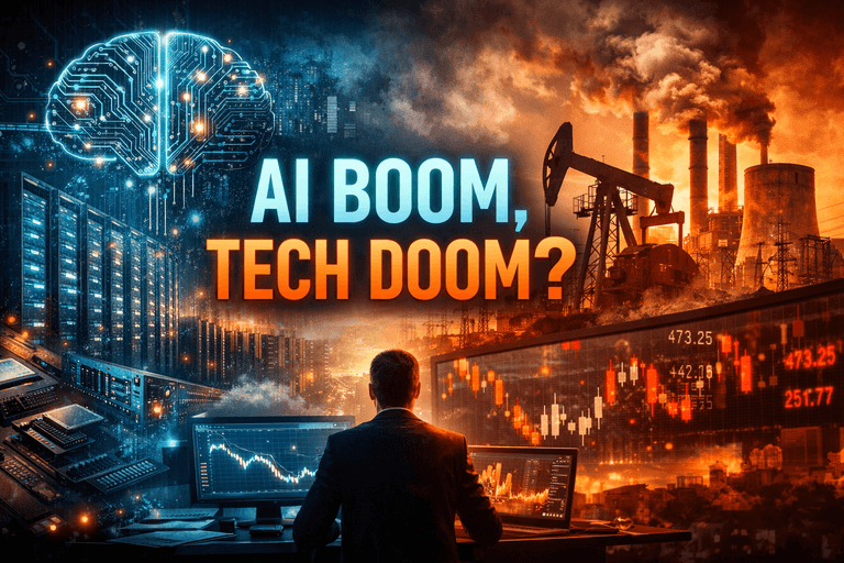 Hyper-realistic depiction of AI boom with data centers and digital brain contrasted against falling tech stocks, rising energy costs, and industrial power infrastructure