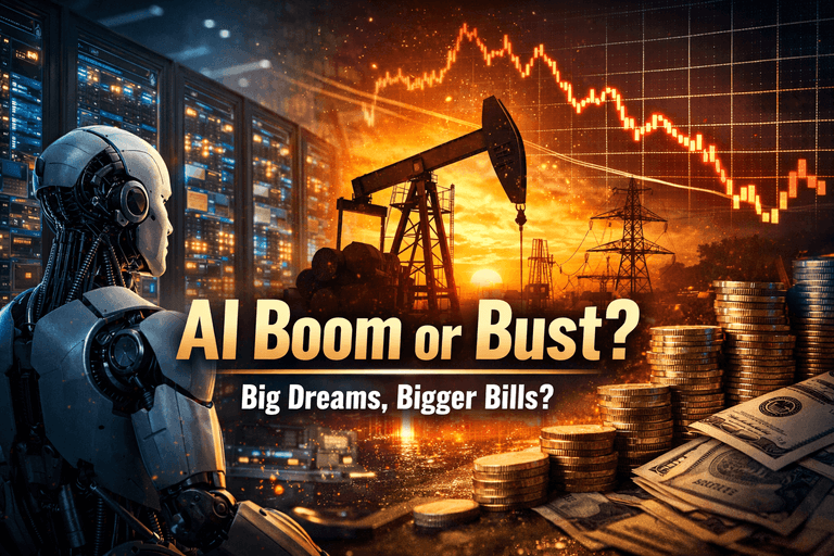AI investing 2026 concept showing robot analyzing stock market decline with data centers, oil pump and rising energy costs impacting tech stocks and AI infrastructure profitability
