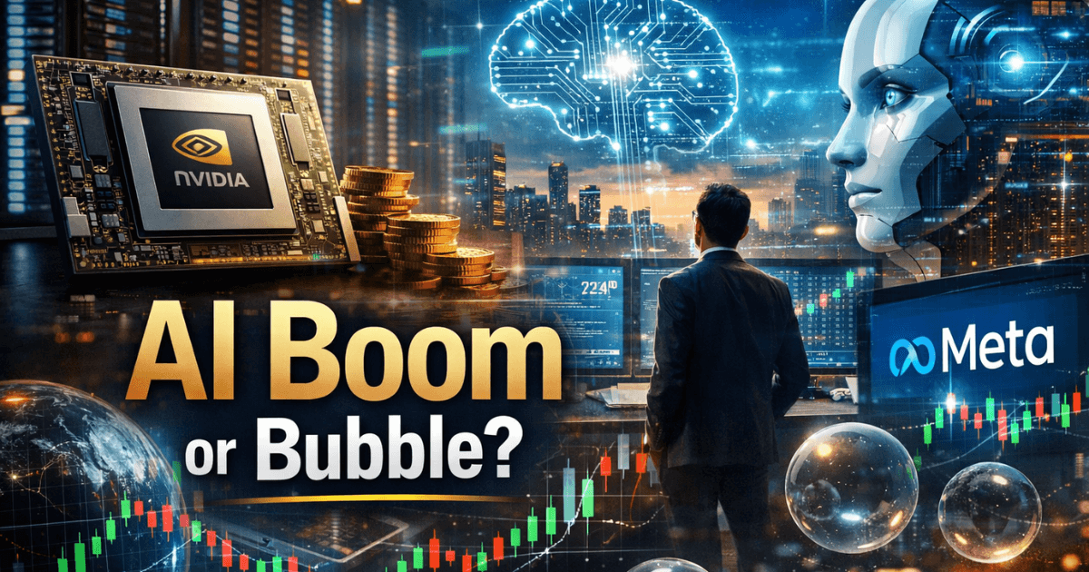 Investor analyzing AI market trends with Nvidia and Meta driving stock market volatility and infrastructure-led growth
