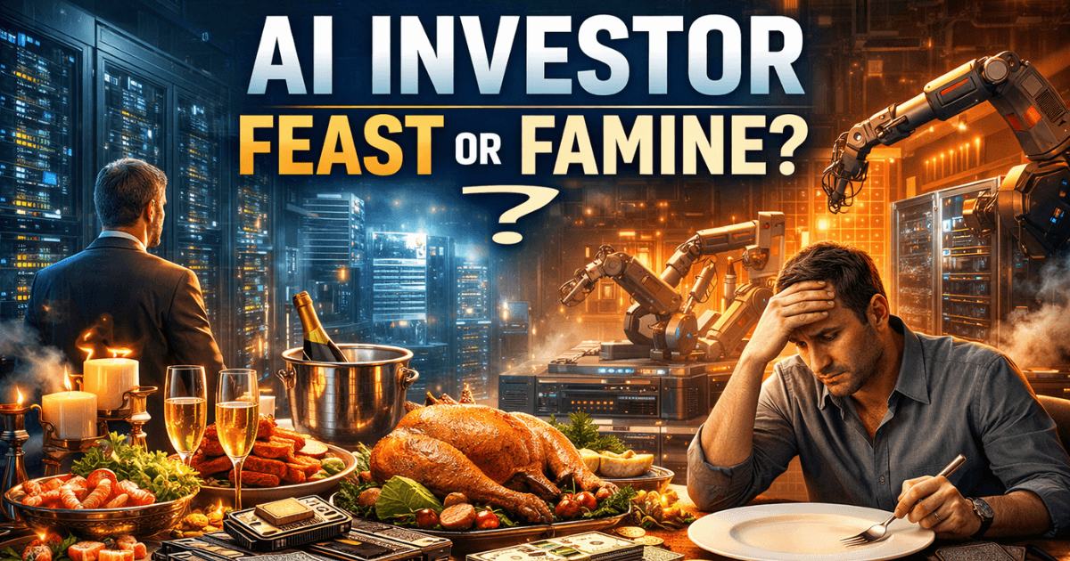Hyper-realistic scene showing an AI data center and semiconductor chips on a lavish banquet table while an investor wonders whether the AI investment boom will deliver profits or become a tech bubble.