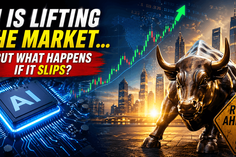 AI chip powering global stock market rally with bullish trend chart, financial city skyline, and warning sign highlighting risks in AI-driven markets