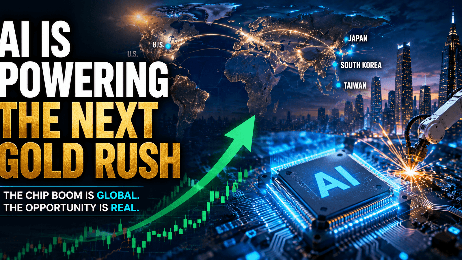 Hyper-realistic AI semiconductor investment boom illustration featuring global chip manufacturing hubs, AI processors, rising stock market charts, and advanced robotics representing the worldwide AI infrastructure race.