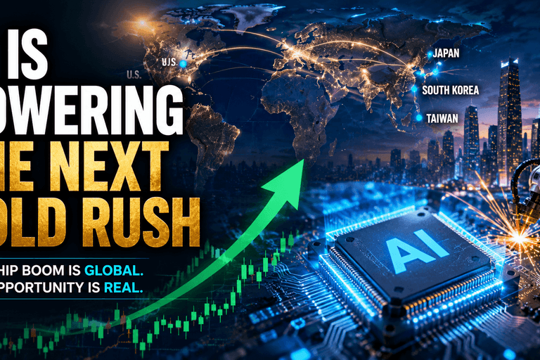 Hyper-realistic AI semiconductor investment boom illustration featuring global chip manufacturing hubs, AI processors, rising stock market charts, and advanced robotics representing the worldwide AI infrastructure race.