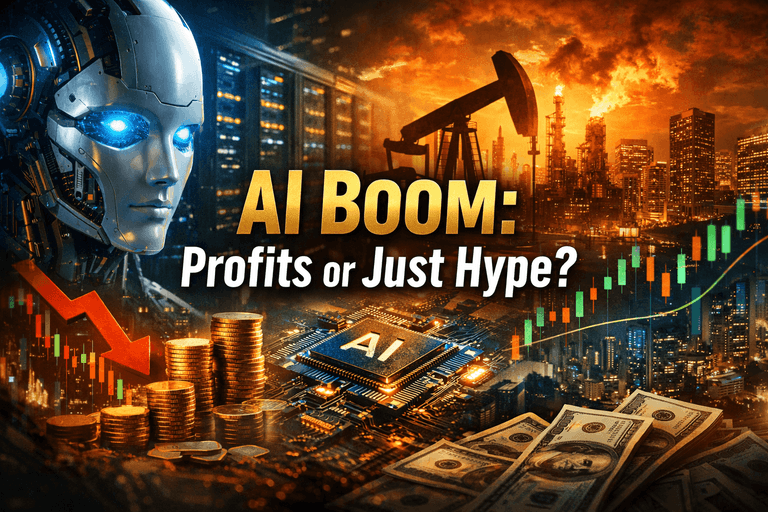 AI stocks volatility with data centers, oil rigs, and stock market charts showing impact of energy prices and AI investing trends