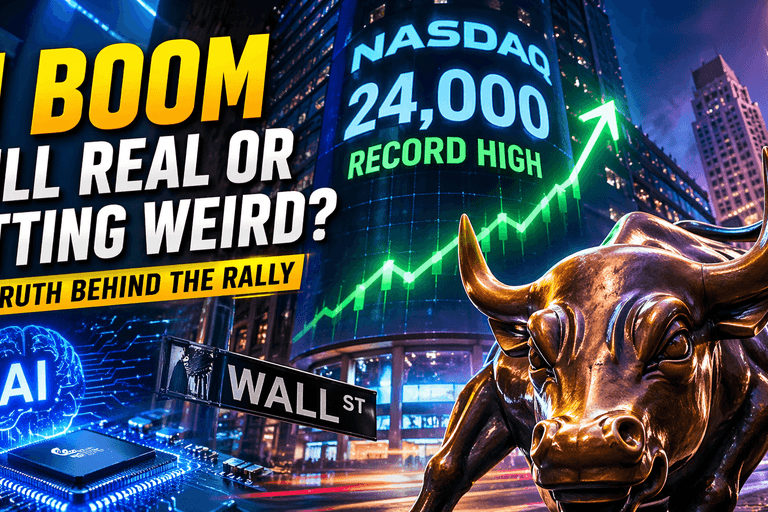 Nasdaq hitting 24000 record high with AI stock market rally, Wall Street bull and semiconductor chip illustrating artificial intelligence driven tech boom