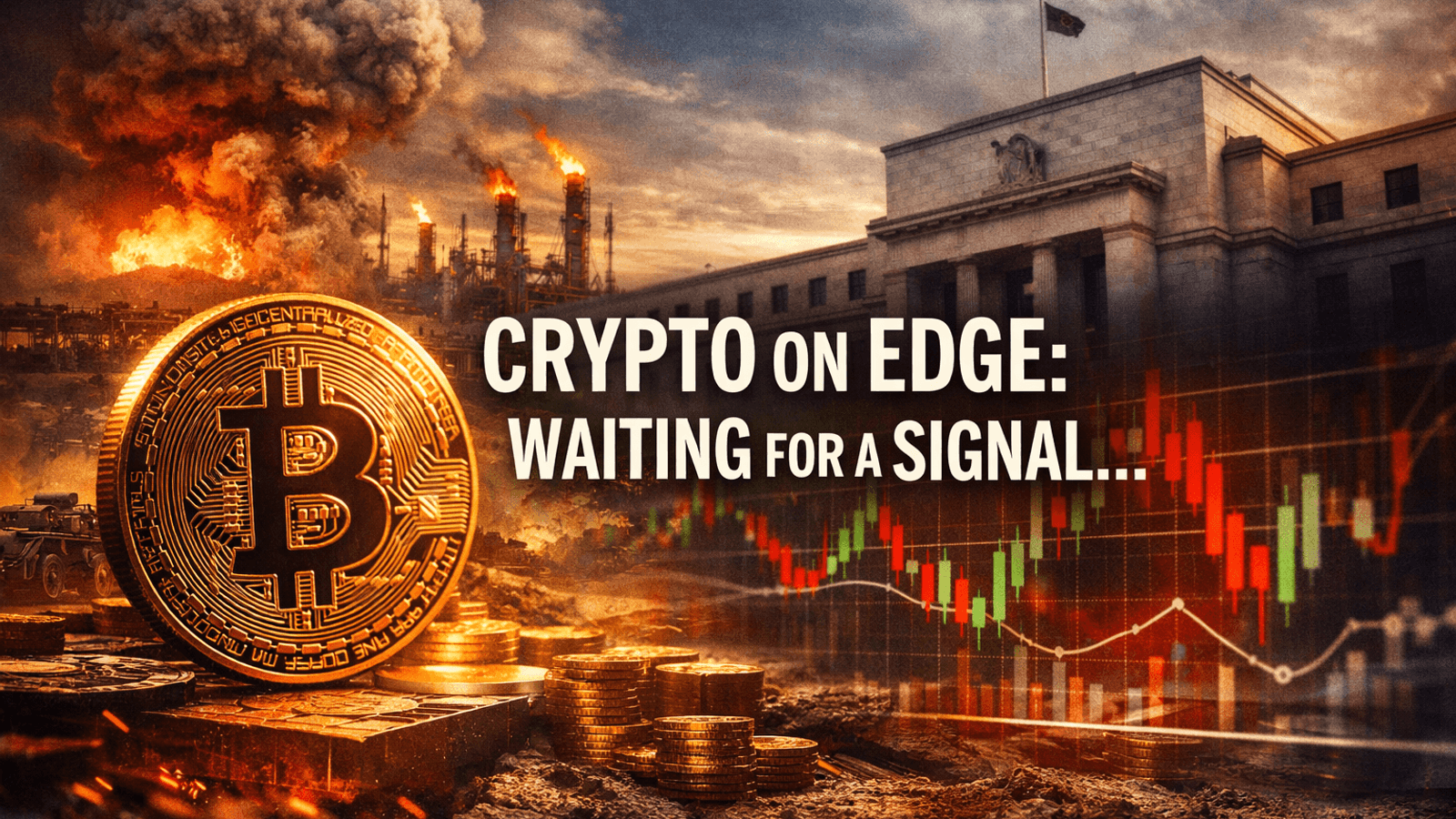 Bitcoin price chart fluctuating near $70K with global conflict and Federal Reserve backdrop showing crypto market uncertainty and macro-driven volatility