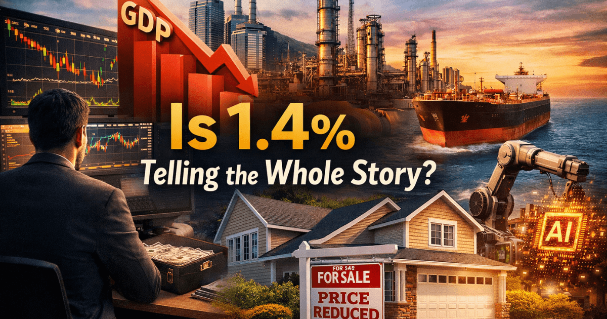 U.S. GDP growth slowing to 1.4% with mortgage rates near 6%, AI investment expansion, and shifting global oil trade dynamics impacting markets in 2026.