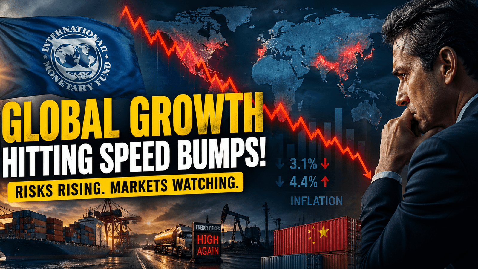 Global economic slowdown visual showing IMF growth downgrade, falling stock market chart, rising inflation, energy crisis, and China trade impact