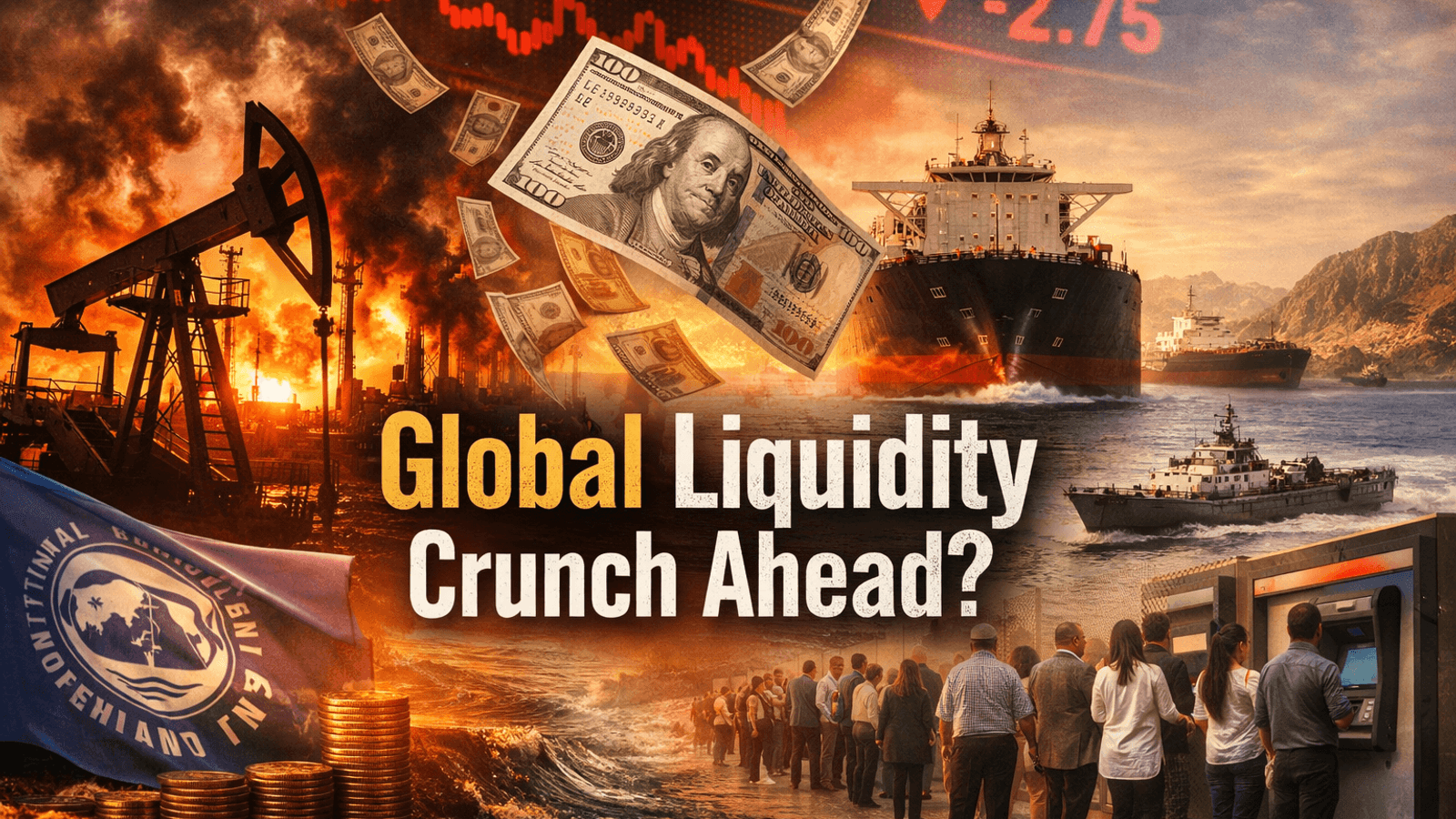 Hyper-realistic illustration of global liquidity crisis showing oil price shock, IMF funding pressure, capital flight, and financial market volatility