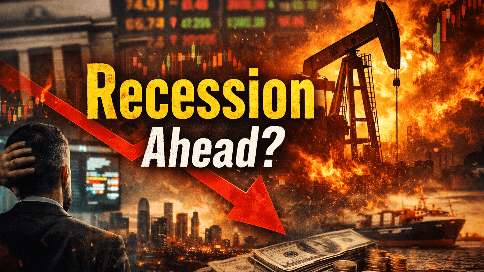 Global recession outlook showing falling stock market charts, rising energy prices, and investor concern amid inflation and economic slowdown