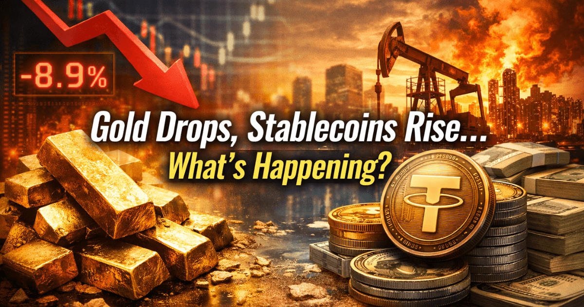 Gold bars with a falling price indicator beside stablecoin coins and energy market imagery, showing shifting investor risk signals