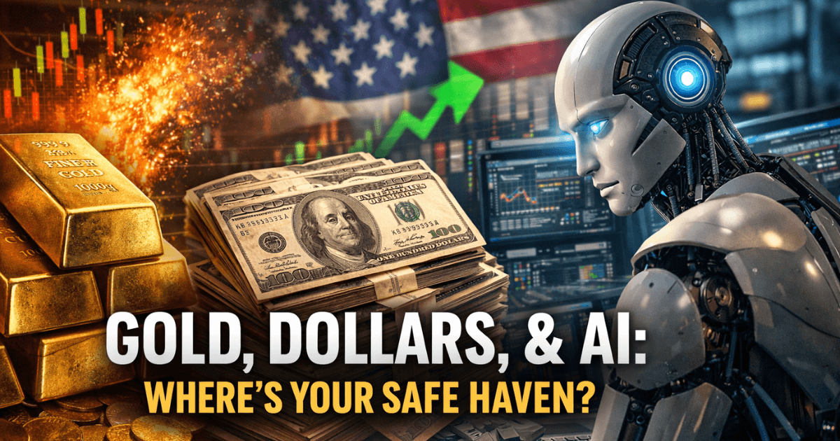 Hyper-realistic thumbnail showing gold bars, AI robot, and stock trader with headline ‘Gold or AI? Where Should Smart Money Go?