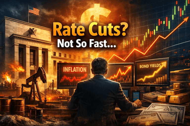 Investor analyzing rising bond yields, inflation surge, and US dollar strength as interest rates outlook shifts toward higher-for-longer policy