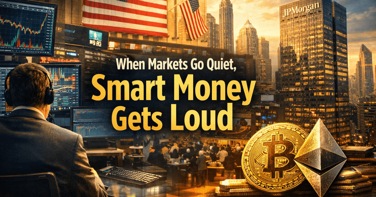 Low-liquidity financial markets showing institutional traders, major U.S. bank buildings, and Bitcoin and Ethereum symbols during a quiet trading session.