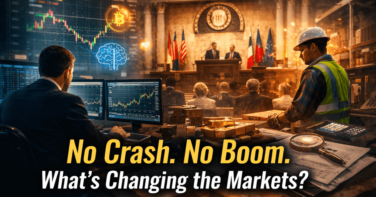 Hyper-realistic visual of banking sector trends with central bank policy backdrop, AI in finance data screens, digital banking evolution, and global labor market signals shaping investor decisions.