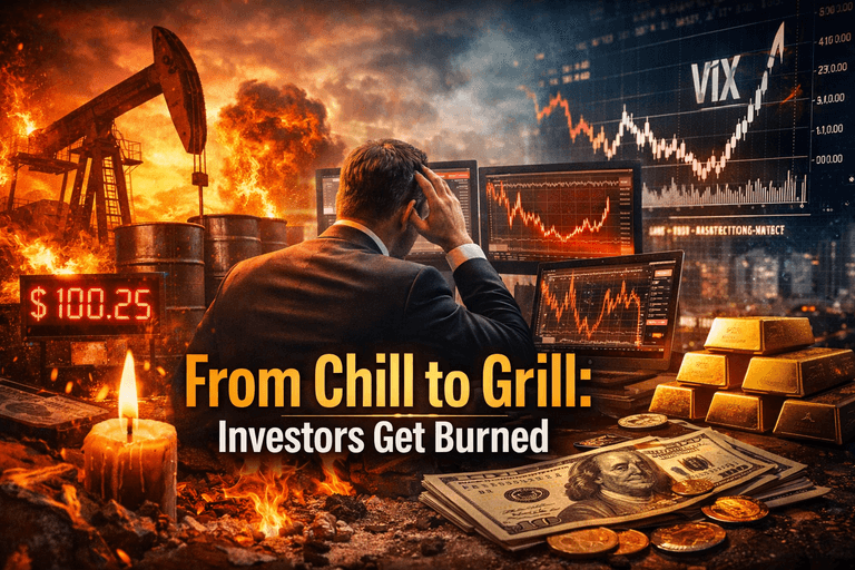 Hyper-realistic scene showing oil prices surging past $100 while a stressed investor watches falling markets, rising bond yields, and VIX volatility as inflation fears return.