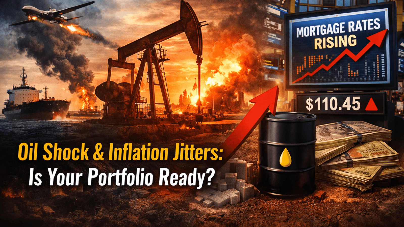 Oil pumpjack, tanker disruption, and rising mortgage rates chart illustrating global oil price surge and inflation impact from Middle East conflict
