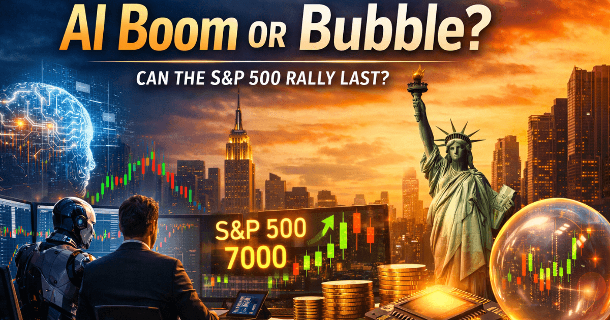 S&P 500 reaching 7,000 with AI-driven stock market rally, highlighting AI investment growth, Big Tech earnings strength, and long-term market optimism