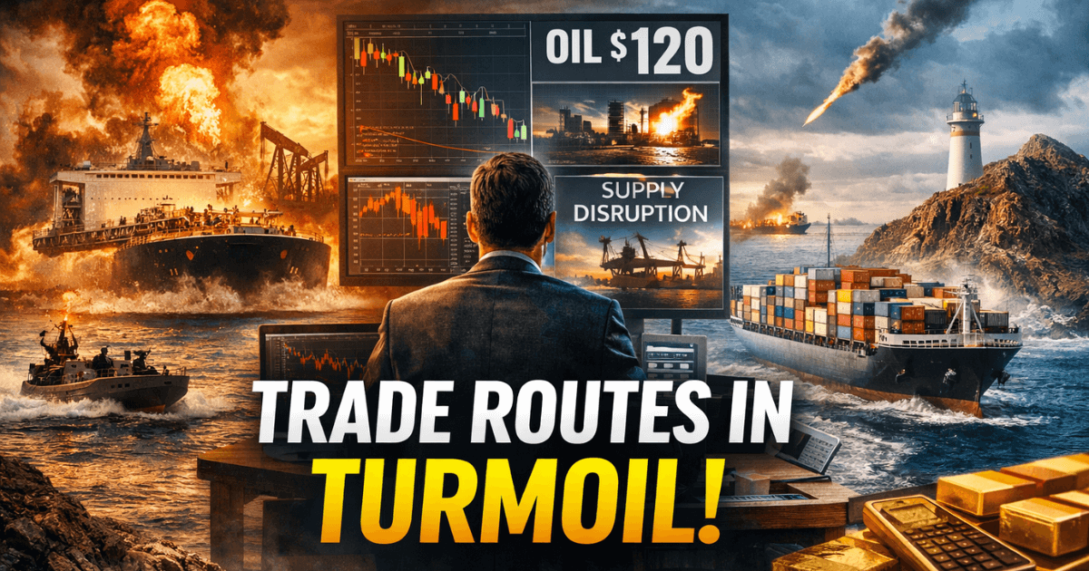 Global trade disruption illustration showing oil tanker conflict, container ships rerouting around Africa, oil prices hitting $120, and investors monitoring market volatility.