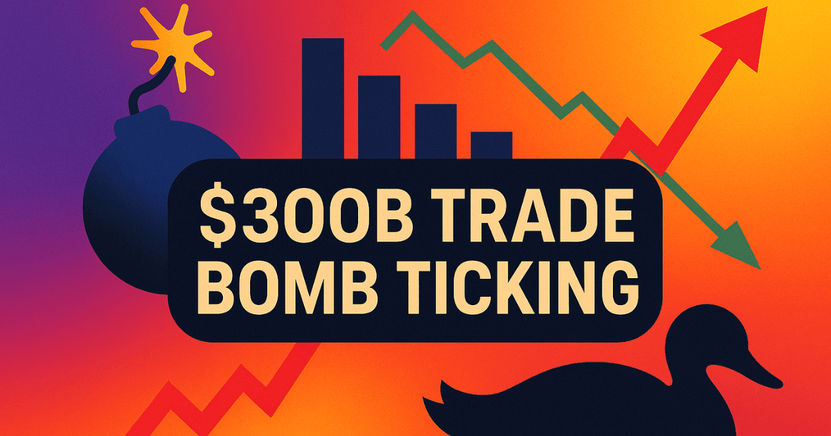 Bold visual of financial chaos showing $300B trade tension with bomb icon, market arrows, and duck silhouette over a vibrant multicolour background