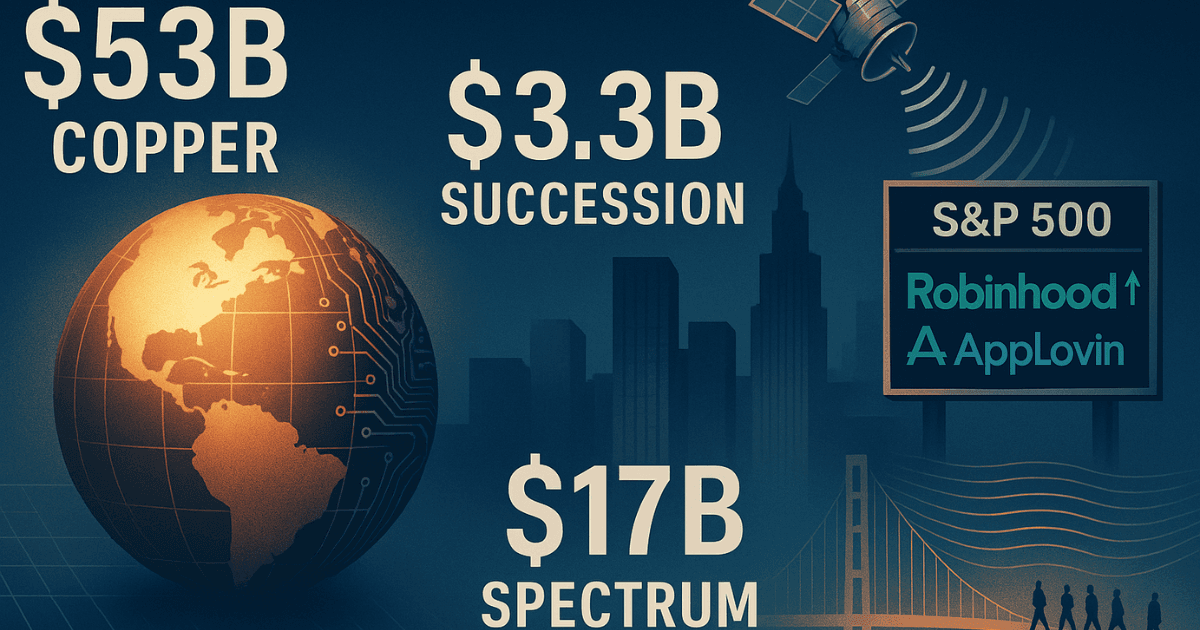 Premium financial illustration showing copper merger, Murdoch succession, S&P 500 additions, and SpaceX spectrum deal