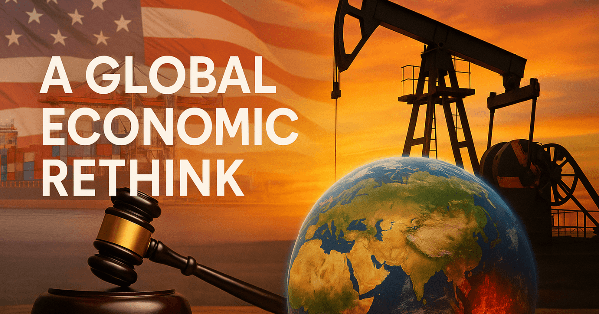 Global economy rethink concept showing oil rigs, world globe, and trade gavel against U.S. flag — symbolising global trade shifts, tariffs, and energy transition
