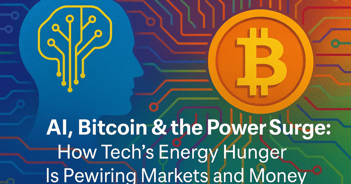AI Bitcoin and energy grid concept with colorful circuit background representing tech’s impact on markets