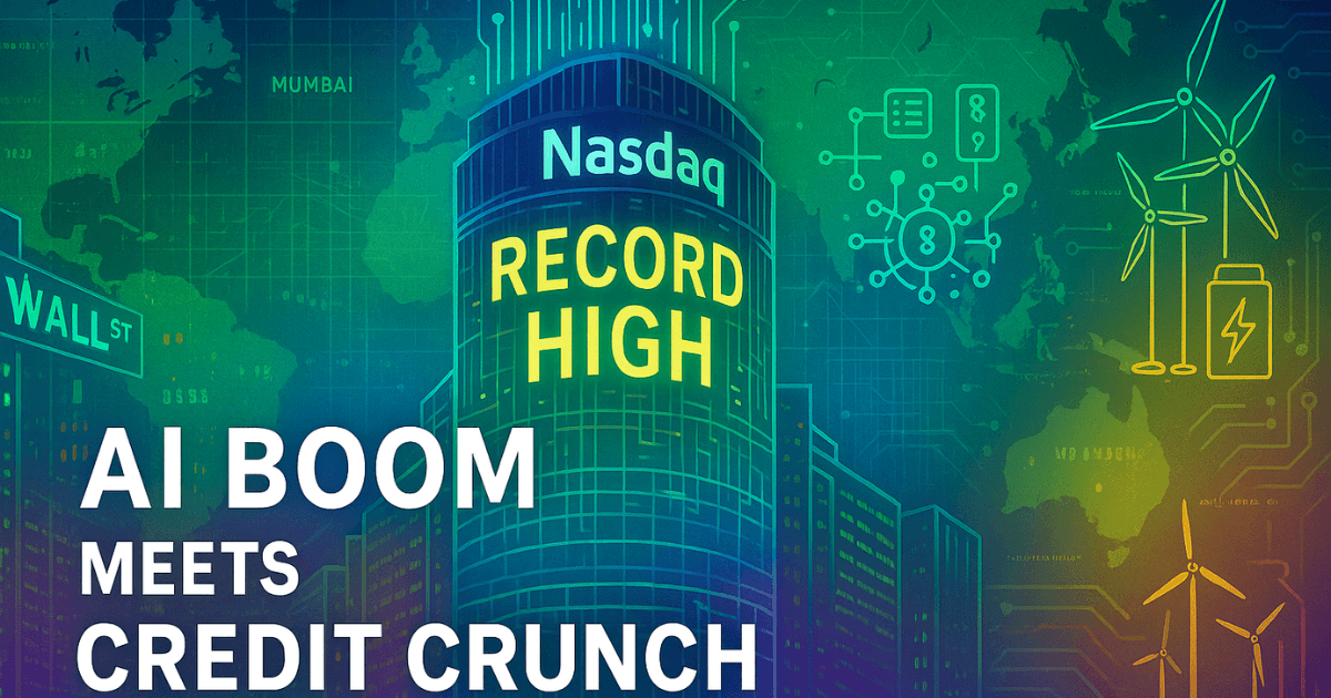 Vibrant digital illustration of Wall Street’s Nasdaq tower showing record high with AI circuit patterns, fintech icons, and renewable energy symbols highlighting the global fusion of technology, finance, and infrastructure.