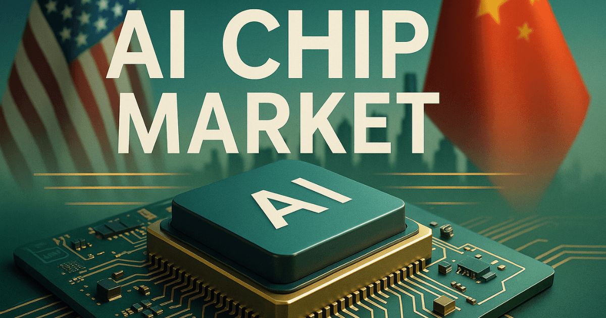 Hyper-realistic AI chip on circuit board with US–China tech rivalry backdrop, symbolising global AI chip market trends, semiconductor supply chain tensions, and AI infrastructure growth.