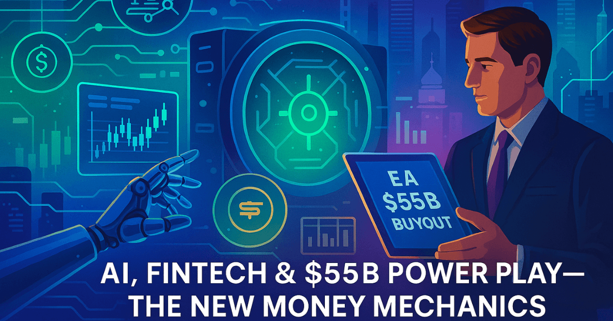 AI and fintech merge in 2025 with global investments and a $55 billion Electronic Arts buyout, illustrating the fusion of artificial intelligence, digital finance, and global capital markets.