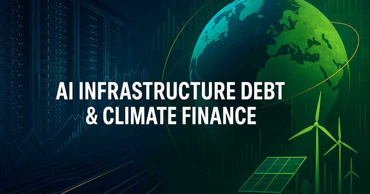 Split-screen editorial image showing a futuristic AI data center beside global climate finance elements including Earth, wind turbines, and solar panels, symbolizing AI infrastructure debt and sustainable finance trends.