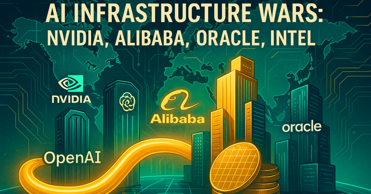Illustration of Nvidia, OpenAI, Alibaba, Oracle, and Intel leading global AI infrastructure investment with glowing data pipelines and futuristic servers.